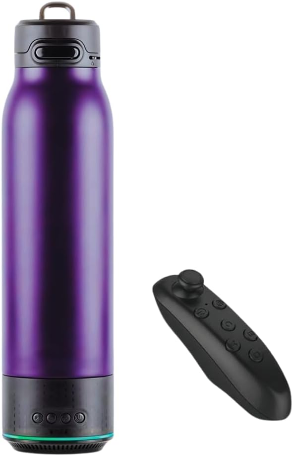 Vacuum Insulated Premium Water Bottle with Rechargeable Bluetooth Speaker and Xtreme Mini Bluetooth Remote. Remote Doubles as Gaming Joystick/Mouse for Smartphone Apps. (Purple)
