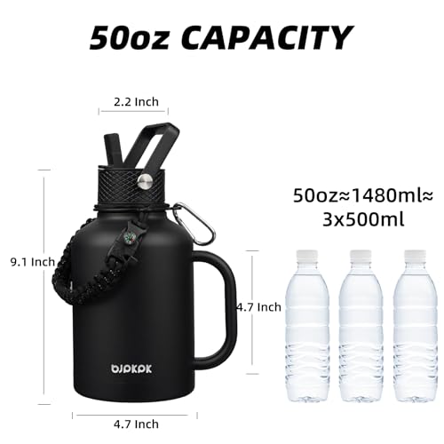 50oz Insulated Water Bottle with Straw Lid Stainless Steel Water Jug