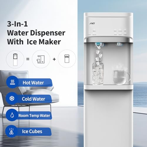 Self Clean 4 in 1 Water Cooler Dispenser with Ice Maker for 5 Gallon Bottle Bottom Loading 22lbs Daily Capacity Empty Bottle Light Ice Full Alert White