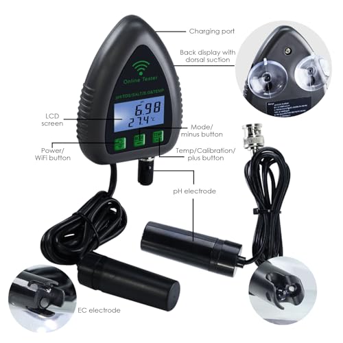 5-in-1 WiFi pH Meter Monitor, Water Quality Tester for pH TDS Salinity S.G Temperature, Tuya Smart APP Remote Monitoring with Alarm & Easy Calibration, for Aquarium Hydroponics