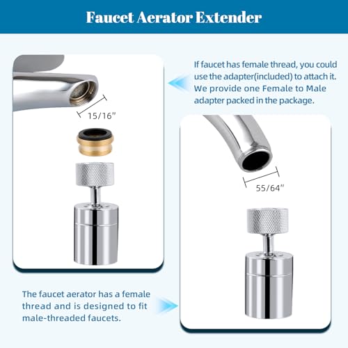 NSF/ANSI/CAN 61 Certified Dual-function Faucet Aerator, CUPC Certification Big Angle Rotate Kitchen Sink Aerator 360 Degree Swivel Sink Sprayer Attachment-55/64 Inch Female Thread-Chrome
