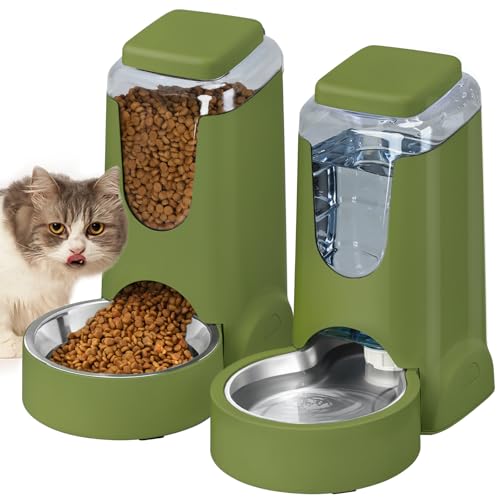 Portable Automatic Cat Feeder and Water Dispenser with Stainless Steel Bowl Dog Gravity Food Feeder and Waterer for Small Medium Pets Puppy Kitten 1 Gallon x 2
