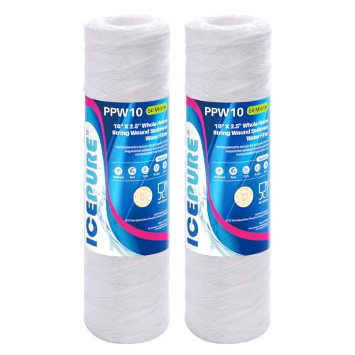 50 Micron 10" x 2.5" String Wound Sediment Water Filter Cartridge for Well filter Universal Replacement for Any 10 inch RO Unit (2 Count)