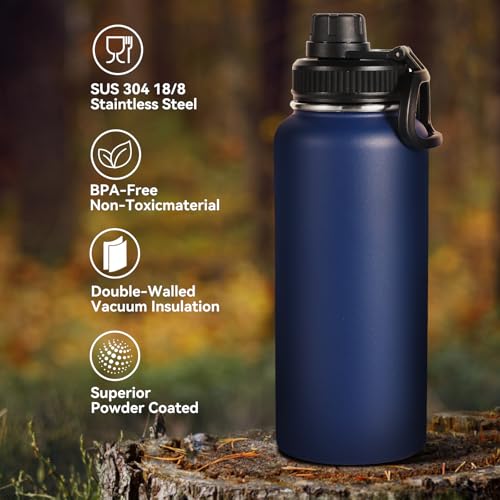 32 oz Insulated Water Bottles Bulk with 2 Lids (8 Count)