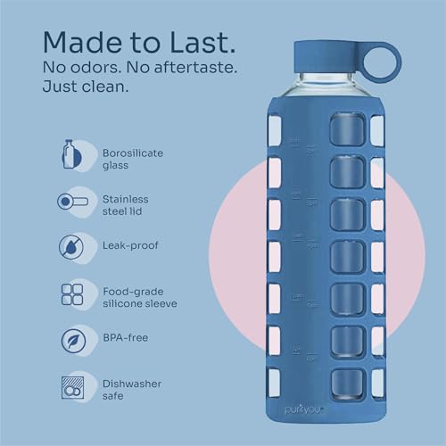 40oz / 32oz / 22oz / 12oz Borosilicate Glass Water Bottle with Time & Volume Markers, Silicone Sleeve, Stainless Steel Lid | Reusable Glass Bottle for Water & Juice (22oz Chinese Porcelain)