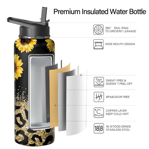40oz Leopard Sunflower Water Bottle with Handle and Flip Straw