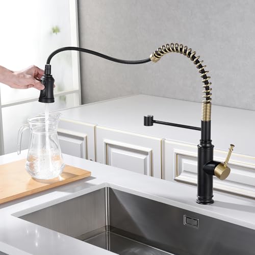 Pull Out Spring Sprayer Kitchen Sink Faucet with 360° Rotating Spout and Single Level Handle