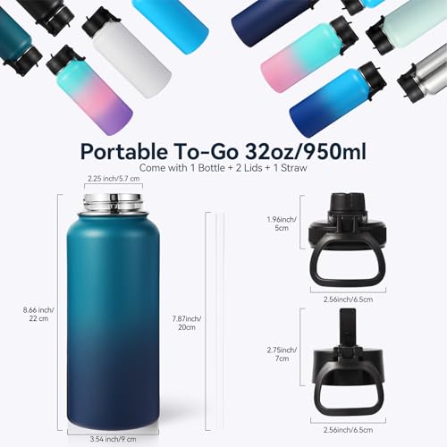 32 oz Insulated Water Bottles Bulk with 2 Lids (4 Count)