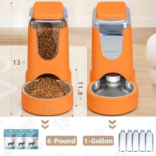Portable Automatic Cat Feeder and Water Dispenser with Stainless Steel Bowl Dog Gravity Food Feeder and Waterer for Small Medium Pets Puppy Kitten 1 Gallon x 2