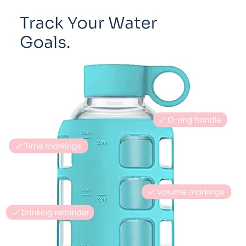 40oz / 32oz / 22oz / 12oz Borosilicate Glass Water Bottle with Time & Volume Markers, Silicone Sleeve, Stainless Steel Lid | Reusable Glass Bottle for Water & Juice (32oz Aqua Blue)
