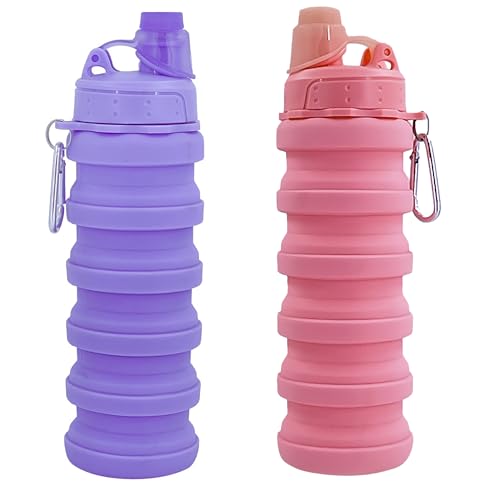Collapsible Water Bottles Two Pack Travel Sports Portable Sport Bottle comes with mountaineering Buckle 500ml Silicone Water (2 Count)