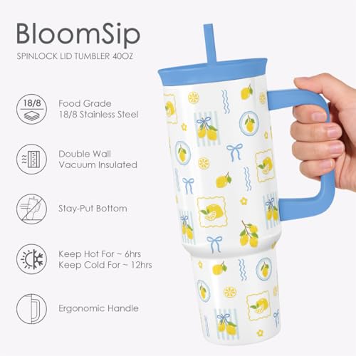 Lemon Stainless Steel Locking Lid Silicone Straw Tumbler with Handle 40oz