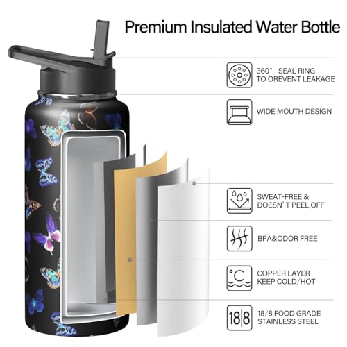 32oz Butterfly Water Bottle with Handle and Flip Straw
