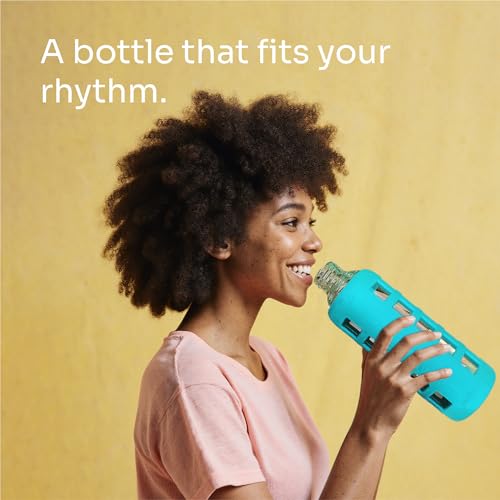 40oz / 32oz / 22oz / 12oz Borosilicate Glass Water Bottle with Time & Volume Markers, Silicone Sleeve, Stainless Steel Lid | Reusable Glass Bottle for Water & Juice (32oz Aqua Blue)