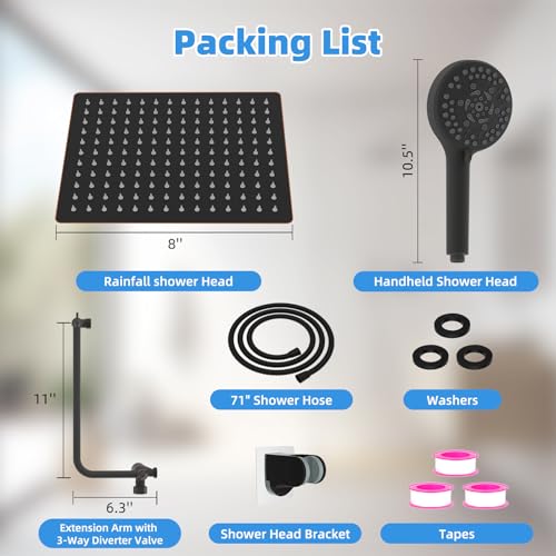 8" Metal Rainfall Shower Head with 10