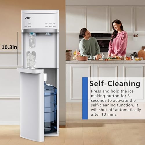 Self Clean 4 in 1 Water Cooler Dispenser with Ice Maker for 5 Gallon Bottle Bottom Loading 22lbs Daily Capacity Empty Bottle Light Ice Full Alert White