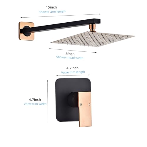 Shower Faucet Set Bathroom Matte Black and Rose Gold Rainfall Shower System Wall Mount with 8 Inch Square Shower Head