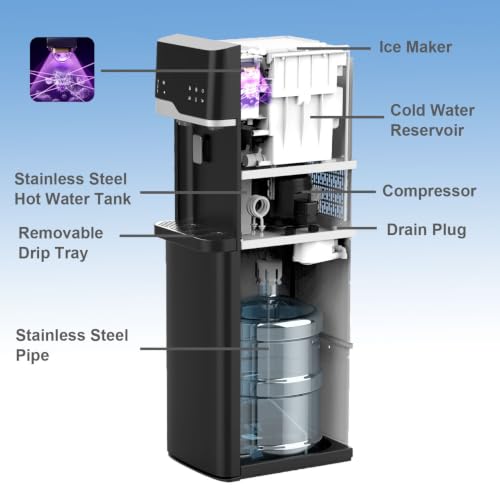 Self Cleaning Bottom Loading Hot and Cold Water Dispenser with Ice Maker Machine for 5 Gallon Bottle 22lbs Daily Capacity Ice Full Alert Black