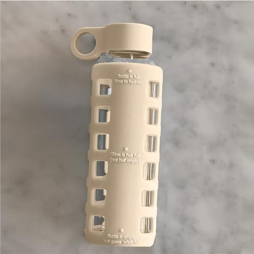40oz / 32oz / 22oz / 12oz Borosilicate Glass Water Bottle with Time & Volume Markers, Silicone Sleeve, Stainless Steel Lid | Reusable Glass Bottle for Water & Juice (12oz Pearled Ivory)