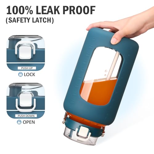 84oz Water Bottle Glass with Stainless Steel Handle Large 2.5l Water Bottle with Time Markers and Silicone Sleeve Half Gallon Water Jug BPA Free for Gym Daily Use