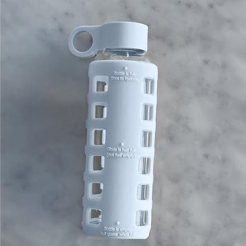 40oz / 32oz / 22oz / 12oz Borosilicate Glass Water Bottle with Time & Volume Markers, Silicone Sleeve, Stainless Steel Lid | Reusable Glass Bottle for Water & Juice (12oz Ice Blue)
