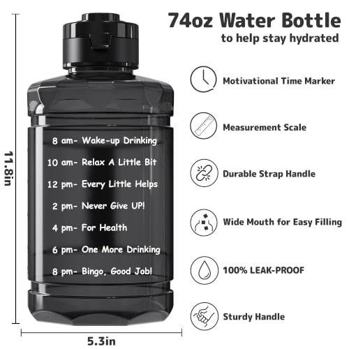 Large Water Bottle with Motivational Time Marker & Straw & Handle