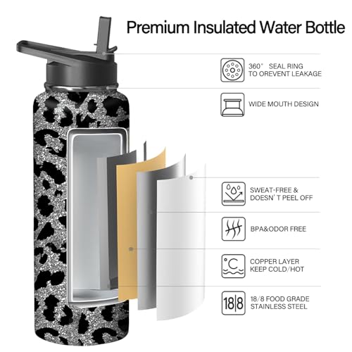 40oz Leopard Water Bottle with Handle and Flip Straw