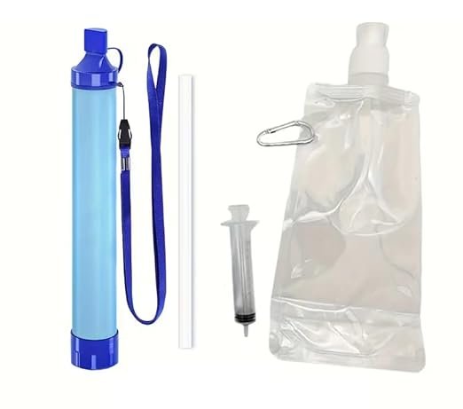 Portable Water Filter Straw Kit – Emergency Survival Water Purifier, 99.99% Bacteria Removal, Lightweight Camping & Outdoor Filtration System with Collapsible Water Bag