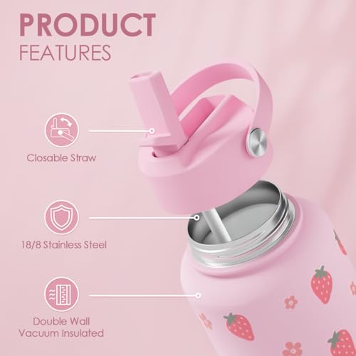 Strawberry Water Bottle 32oz Stainless Steel with Lid & Straw