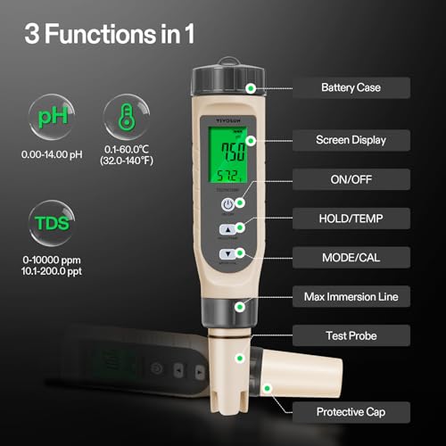 3-in-1 Digital pH Meter with ATC, ±0.1 pH Accuracy Water Quality Tester, 0-14.0 pH Measurement Range for Hydroponics, Household Drinking, Pool and Aquarium