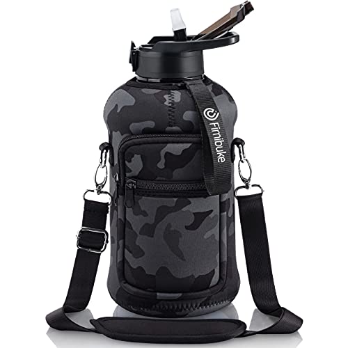 Half Gallon Water Bottle with Sleeve 64 OZ Water Bottle with Handle & Straw Leakproof Motivational Sports Gym Water Bottle with Time Marker BPA Free Water Jug with Neoprene Holder