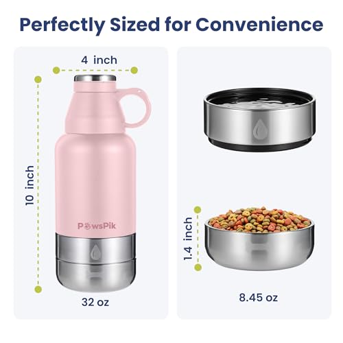 3-in-1 Travel Dog Water Bottle & Bowl Set, 32oz, Pink