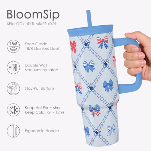 American Flag Stainless Steel Locking Lid Silicone Straw Tumbler with Handle 40oz