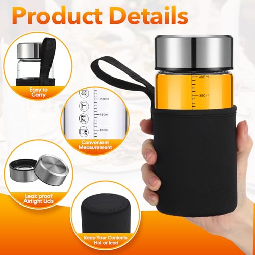 6 Pack 12 Oz Wide Mouth Glass Juice Bottles Glass Water Bottles with Lids and Sleeve for Juicing Smoothies Milk Protein Infused Water Reusable Leakproof Borosilicate Bottle (6 Count)