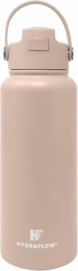 Hydraflow Hybrid - Triple Wall Vacuum Insulated Water Bottle with Flip Straw (34oz, Clay) Stainless Steel Metal Thermos, Reusable Leak Proof BPA-FREE for Sports and Travel