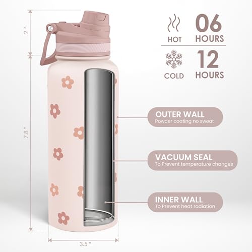 Beige Daisy Stainless Steel Water Bottle with Strap 32oz