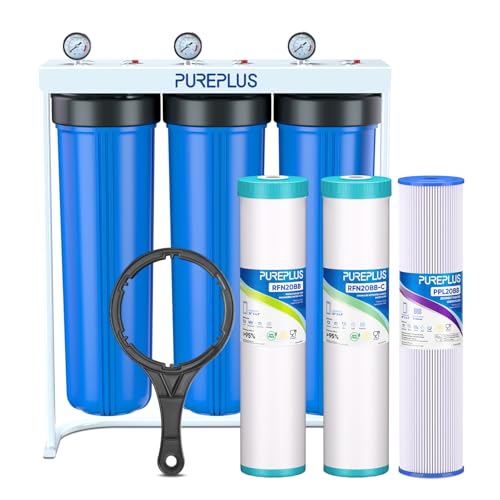 20-Inch 3-Stage Whole House Water Filter, Home Filtration System | Pleated Pre-Filter, Activated Carbon & Iron-Manganese Reducing | Built-in Pressure Gauges, with Steel Stand Frame