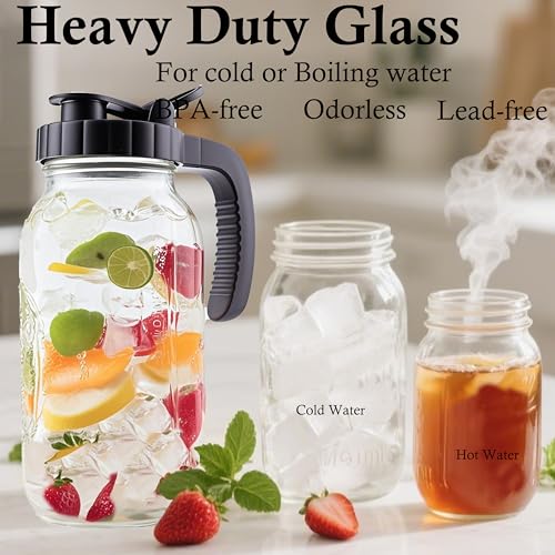 Glass Mason Jar Pitcher With Lid 2 Quart Sun Tea Glass Pitcher 64 Oz Wide Mouth Half Gallon Hot Cold Water Coffee Jug Carafe For Fridge Lemonade
