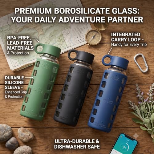40oz / 32oz / 22oz / 12oz Borosilicate Glass Water Bottle with Time & Volume Markers, Silicone Sleeve, Stainless Steel Lid | Reusable Glass Bottle for Water & Juice (12oz Chinese Porcelain)