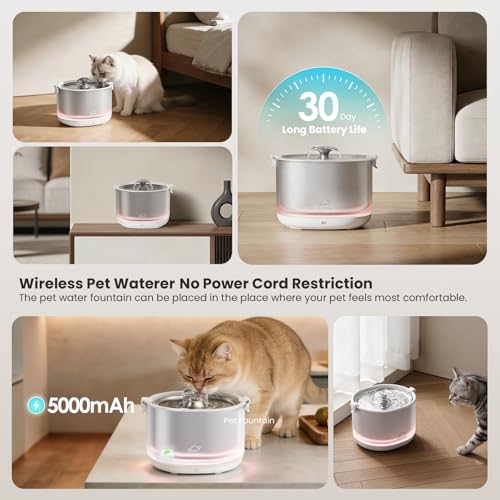 Cat Water Fountain Pumpless Stainless Steel Buckets & Bowl Wireless Pet Water Fountain 2.5L Water Fountains for Cats Indoor Dispenser Easy to Clean BPA