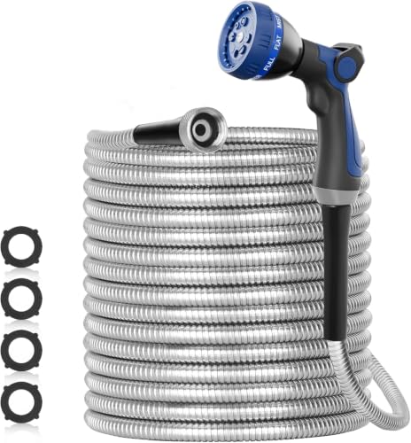 25ft 304 Stainless Steel Metal Garden Hose with Blue Nozzle