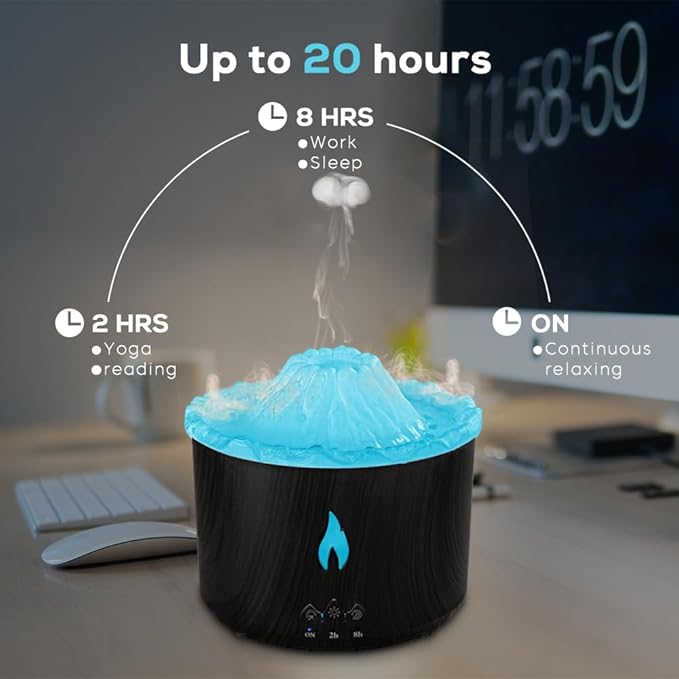 300ml Essential Oil Diffuser, Volcano Flame Aromatherapy Diffusers Fragrant Humidifier Vaporizer with Remote Control, Night Lights, Timer Auto Off for Bedroom Home Office (Dark Wood Grain)