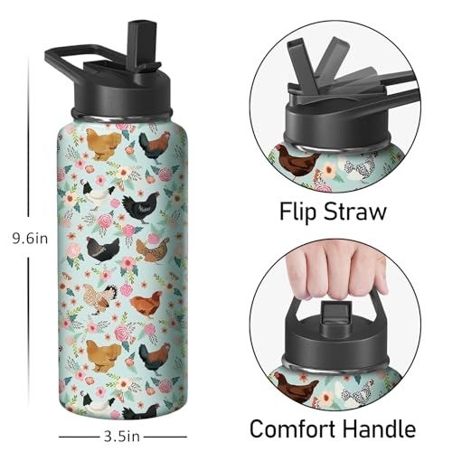 32oz Chicken Water Bottle with Handle and Flip Straw