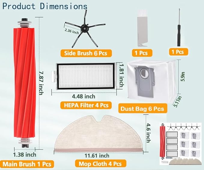21 Pcs Q7 Max Replacement Parts，for Roborock Q7 / Q7+ / Q7 Max / Q7 Max+ Vacuum Cleaner Accessories Kit, 1 Main Brush, 4 Filter, 4 Mop Pad, 6 Side Brush，6 Vacuum Bag - AquaVibe