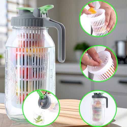 Glass Mason Jar Water Fruit Infuser Pitcher With Lid 64 Oz Wide Mouth Tea Infused Pitchers 2 Quart Sun Tea Jar For Outside Half Gallon Iced Coffee Tea Lemonade Juice Homemade Drinks Container
