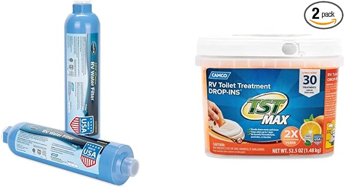 Camco TastePURE Camper/RV Water Filter | Inline Water Filter Reduces Bad Taste, Odor, Chlorine & Sediment | Ideal for RVs, Campers, Travel Trailers, Boats | Made in the USA | 2-Pack (40045) and Camco TST MAX Camper/RV Toilet Treatment Drop-INs | Contro...