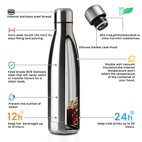 17oz Sport Water Bottle 12 Pack Vacuum Insulated Stainless Steel Leak (12 Count)