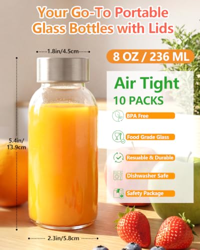 8 oz Small Glass Juice Bottles with Stainless Steel Lids Leak Proof (10 Count)