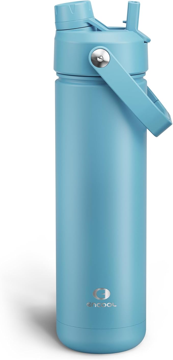 ENCOOL Insulated Water Bottle with Straw Stainless Steel Water Bottle, Leak-Proof, BPA-Free, Double Wall Vacuum Keeps Cold for 24 Hours for Sports, Travel, School (26 oz, Pewter Blue)