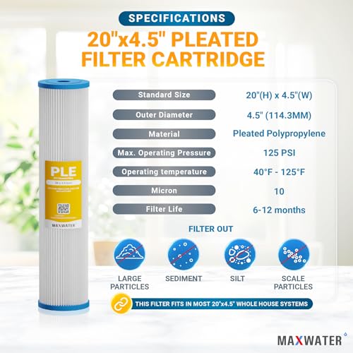 20 x 4.5 Whole House 1 Stage PP Pleated Sediment Filter System w